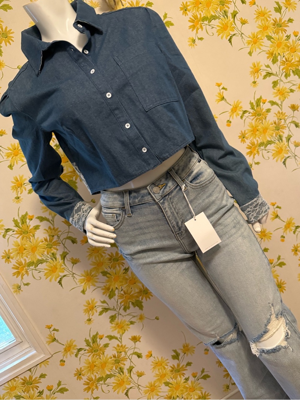 En Creme Long sleeve Cropped Button-Front Shirt - denim Blue size M